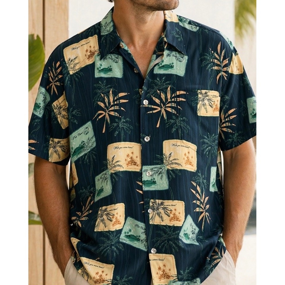 Pineapple Moon Men's Aloha‎ Hawaiian Shirt L Silk Teal Postcard Palm Print NWT